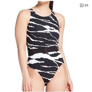 Women’s Calia Size 8 Blank and White Leopard Print Belted One-Piece Swimsuit